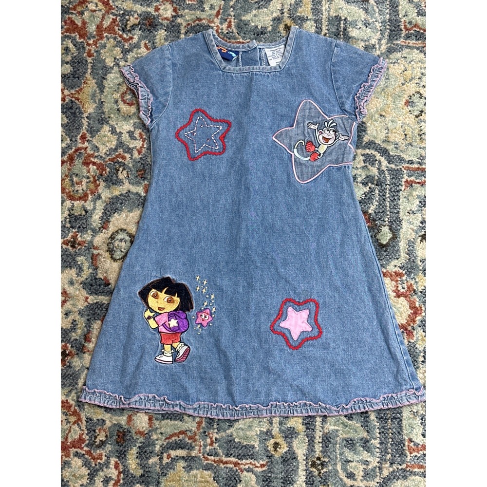 Y2K Nick Jr Dora the Explorer Denim Dress Girls 5T Blue Embroidered Y2K 2004 EUC
